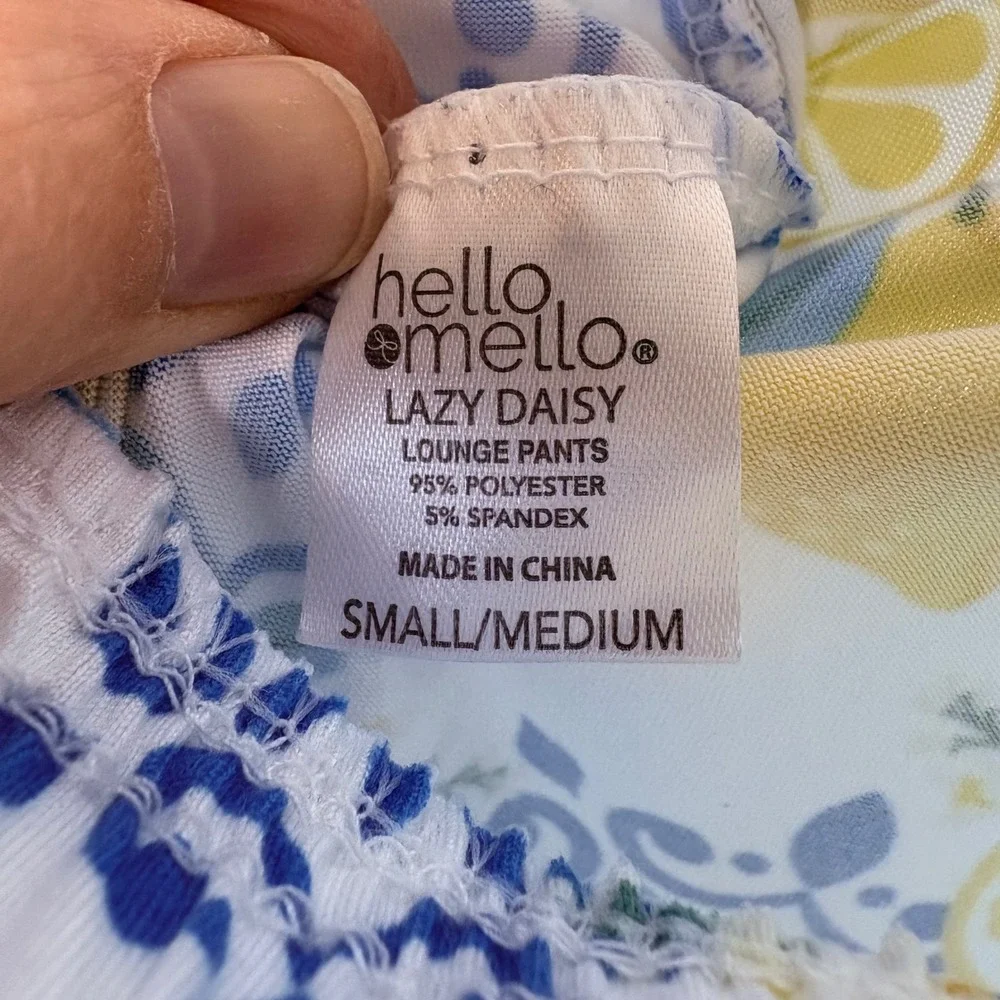 Hello Mello Lazy Daisy Lounge Pants S/M White Blue Lemon Print Soft Cozy Pajamas